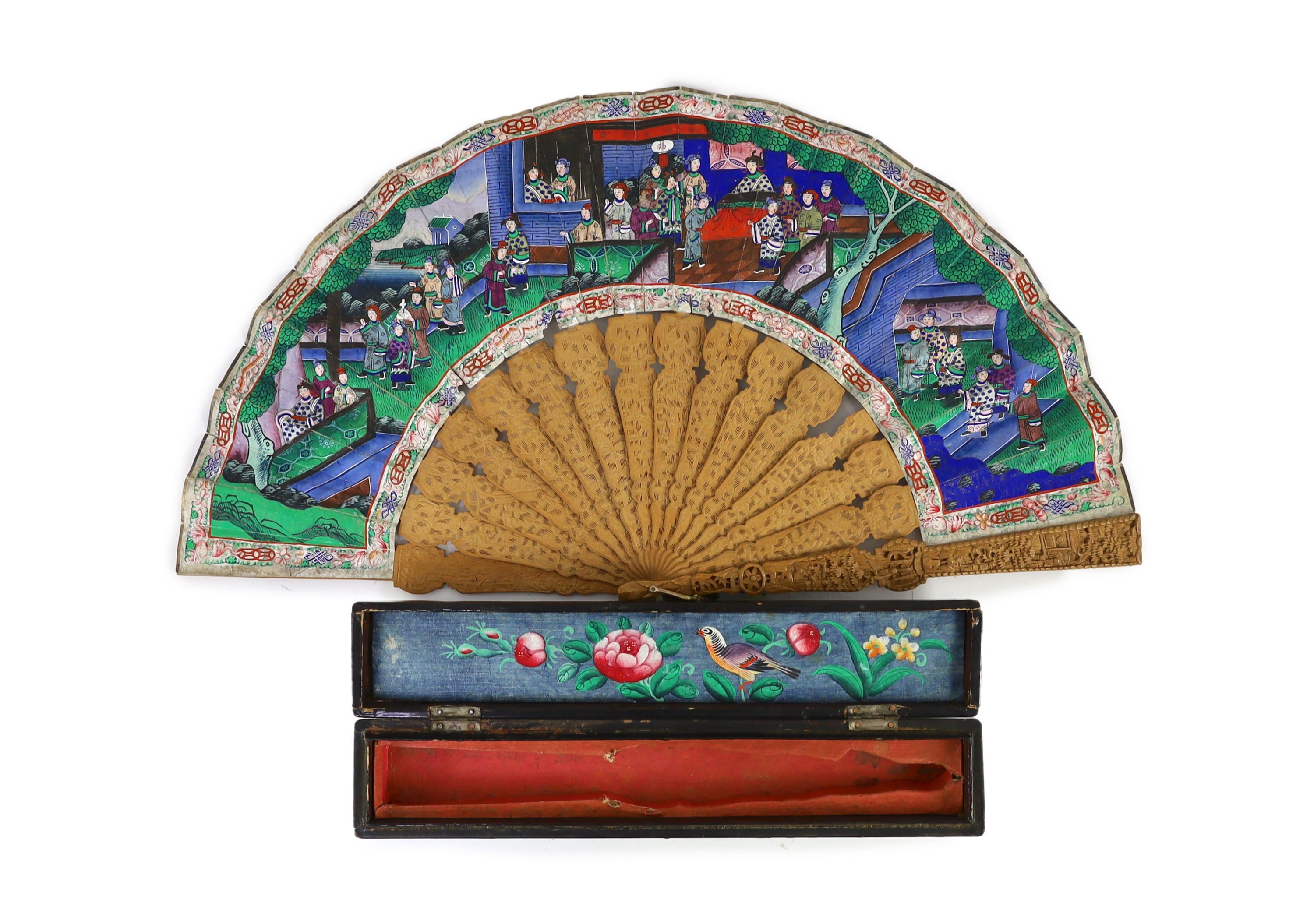 A Chinese lacquer cased sandalwood and lacquer fan, 19th century, 32cm, slight damage